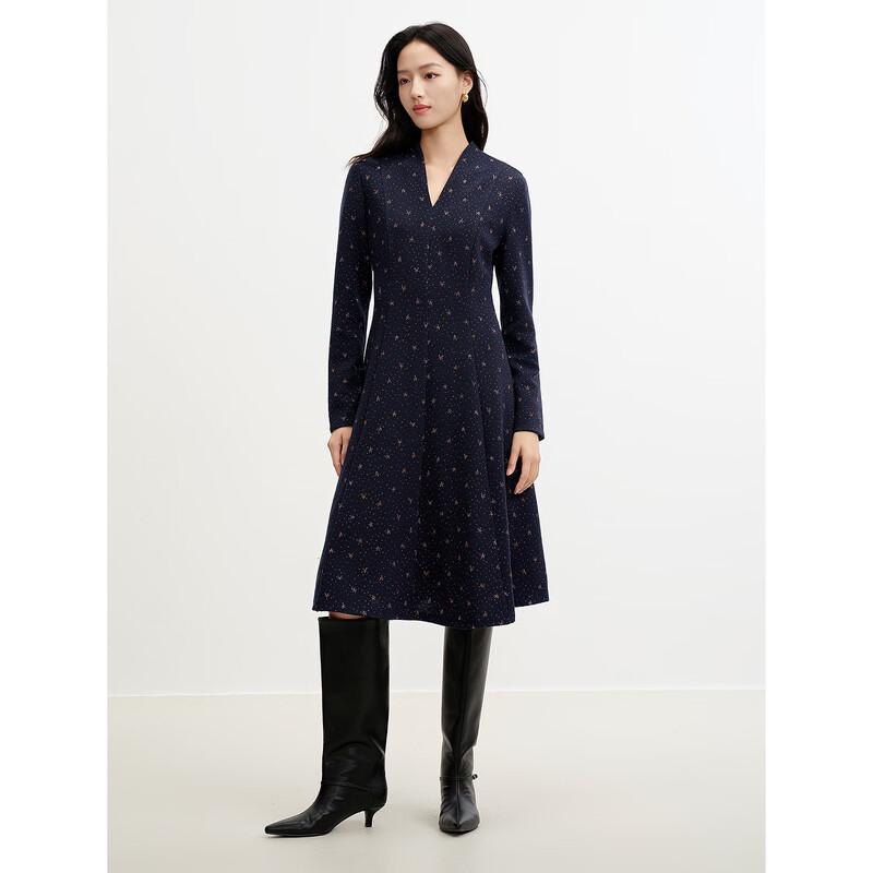 JUZUI Women's V-Neck Jacquard Knit Waist Dress