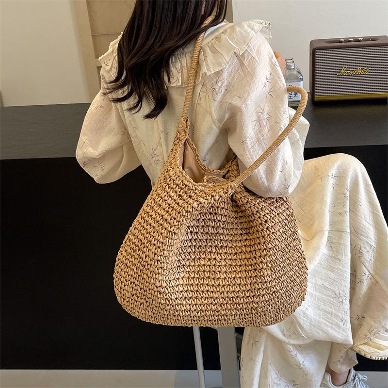 Handmade Crochet Straw Tote Bag Women Large Capacity Shoulder Bag Woven Material Summer Beach Vacation Boho Style Casual Handbag