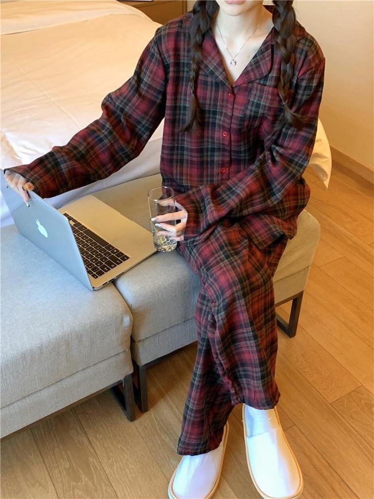 Korejský styl červený kostkovaný pyžamový set: Pohodlné, ležérní domácí oblečení pro páry