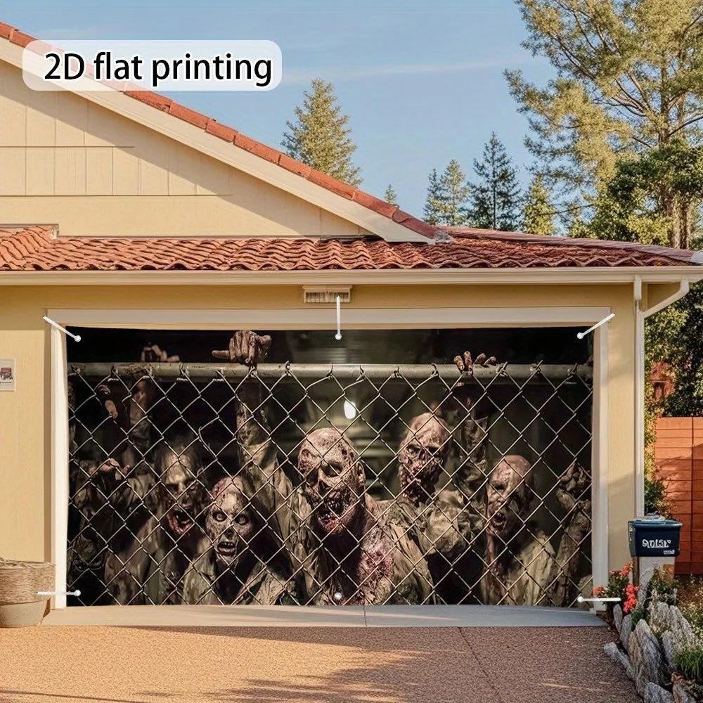 2D door banner, 1 large horror zombie fence garage door cover - realistic zombie hands and faceszyc
