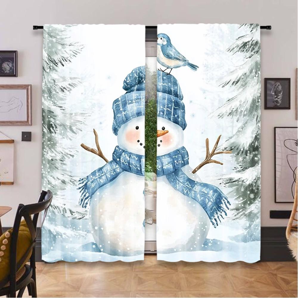 2pcs 2D Flat Printing Christmas Party Curtain Blue Snowman and Bird 100% Polyester Fabric Without Electricity Birthday Party for