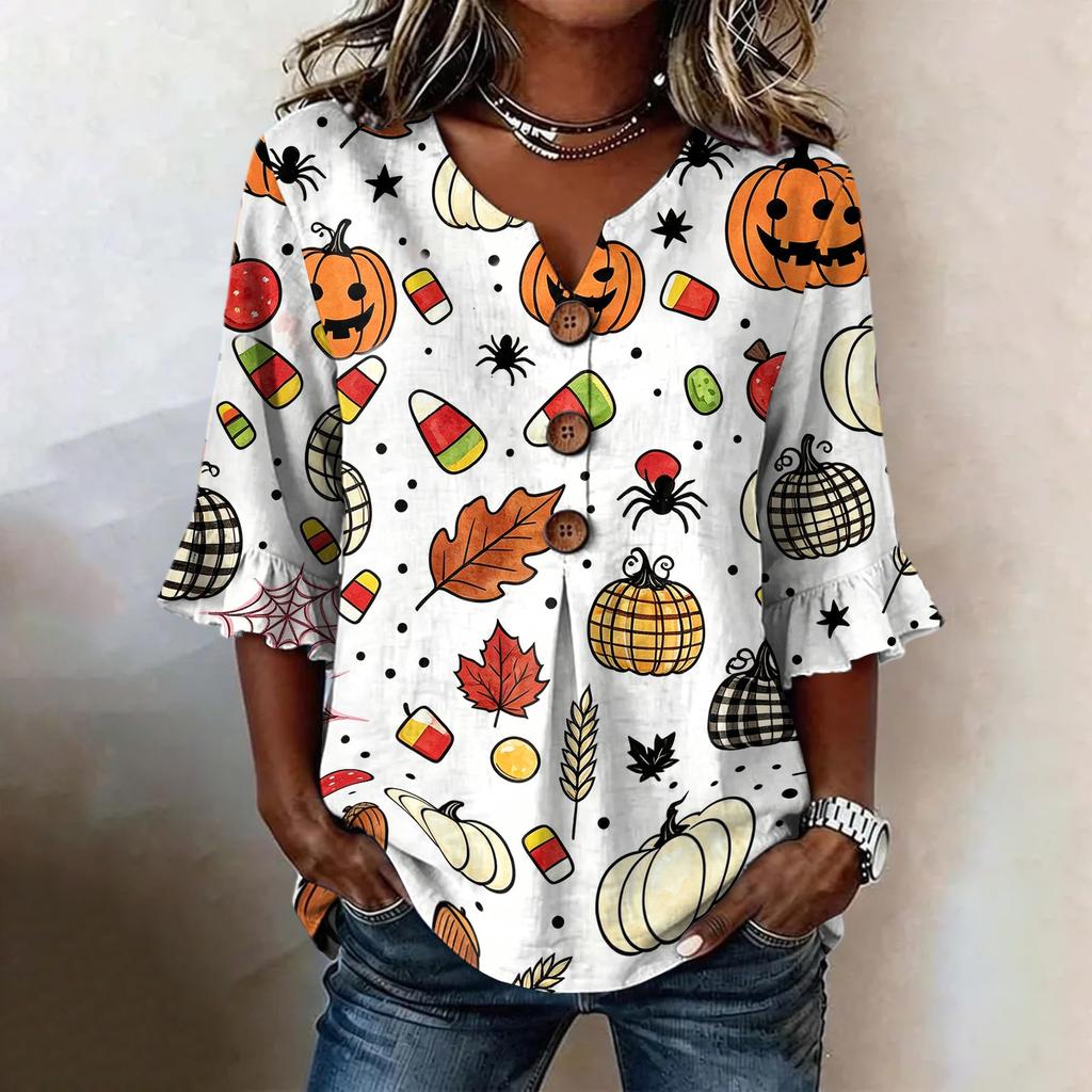 Women's Casual V-Neck Ruffle Sleeve Loose Fit Blouse, Halloween Print Top with All-Over Pattern