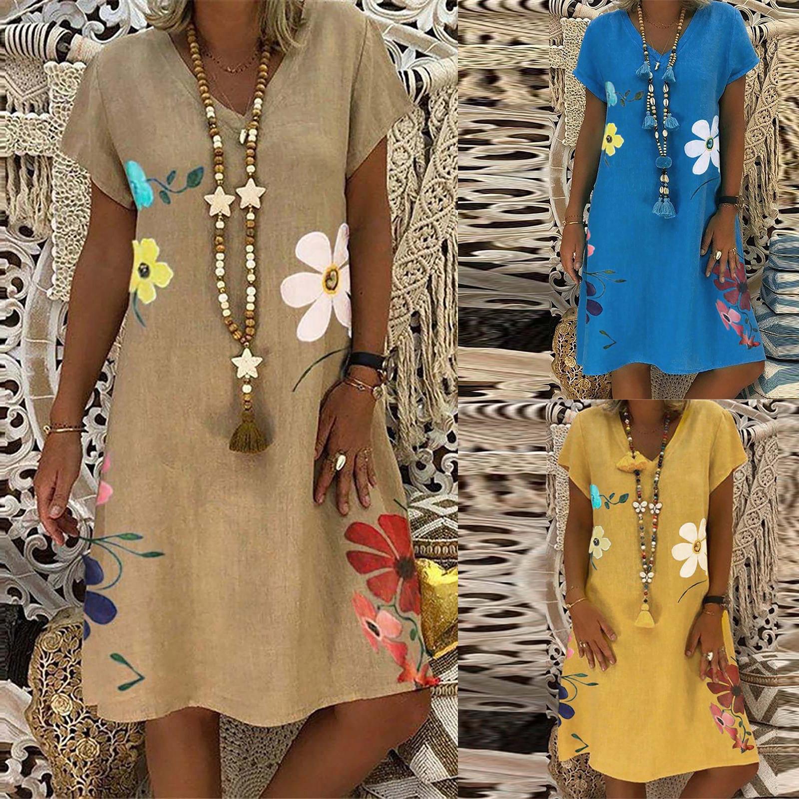 

Женские летние свободные платья с короткими рукавами и v-образным вырезом в народном стиле с цветочным принтом