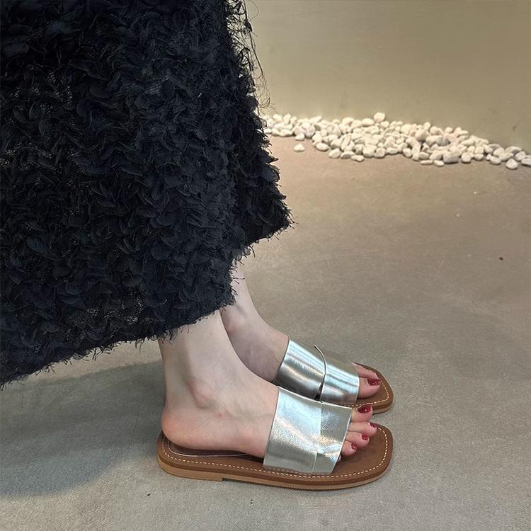 Sheepskin one-word slippers women's summer wear Korean version French evening breeze with skirt temperament soft leather flat-bottomed cool slippers