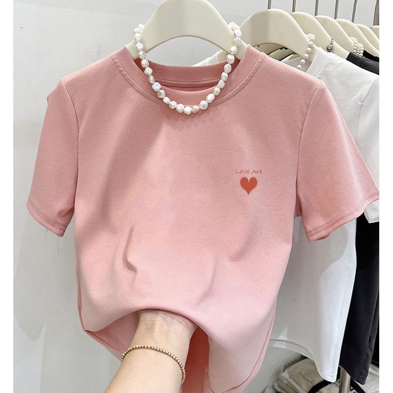 T-shirt Rose en Coton à Manches Courtes pour Femme - Design de Niche, Tendance, Polyvalent, Épais, Couche de Base Été