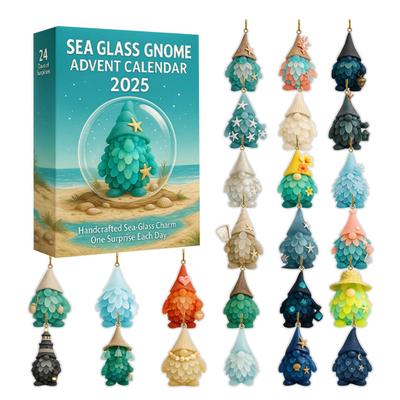 Zeeglas Kabouter Adventskalender Doos 24 Dagen Kerst Aftelkalender met 24 Handgemaakte Zeeglas Kabouter Ornamenten Vakantiefeest Cadeau