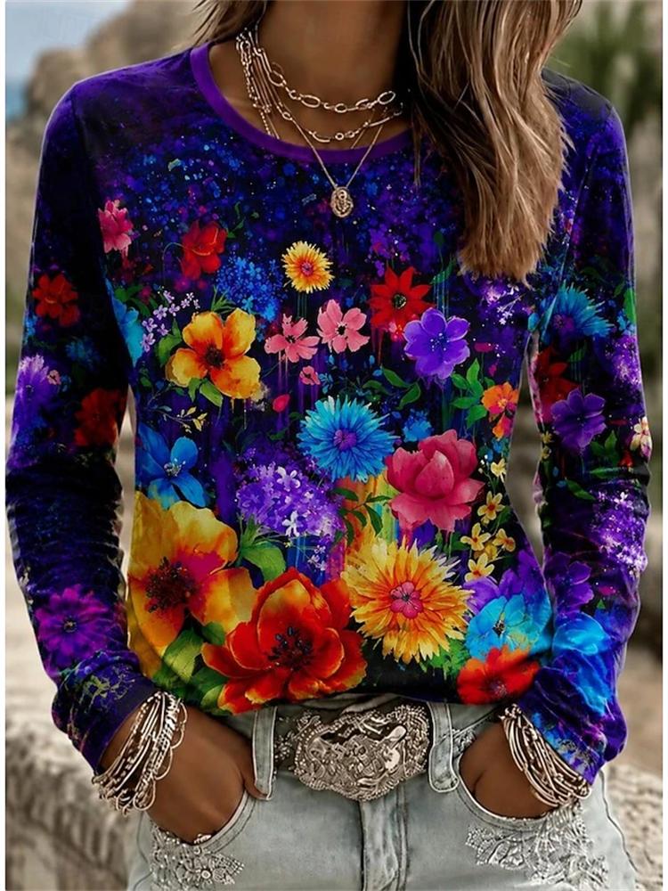 2026 Herbst Neues Damen Langarm Rundhals Lässiges T-Shirt mit Buntem Blumendruck Pflanzenelementen Outdoor Chic Top