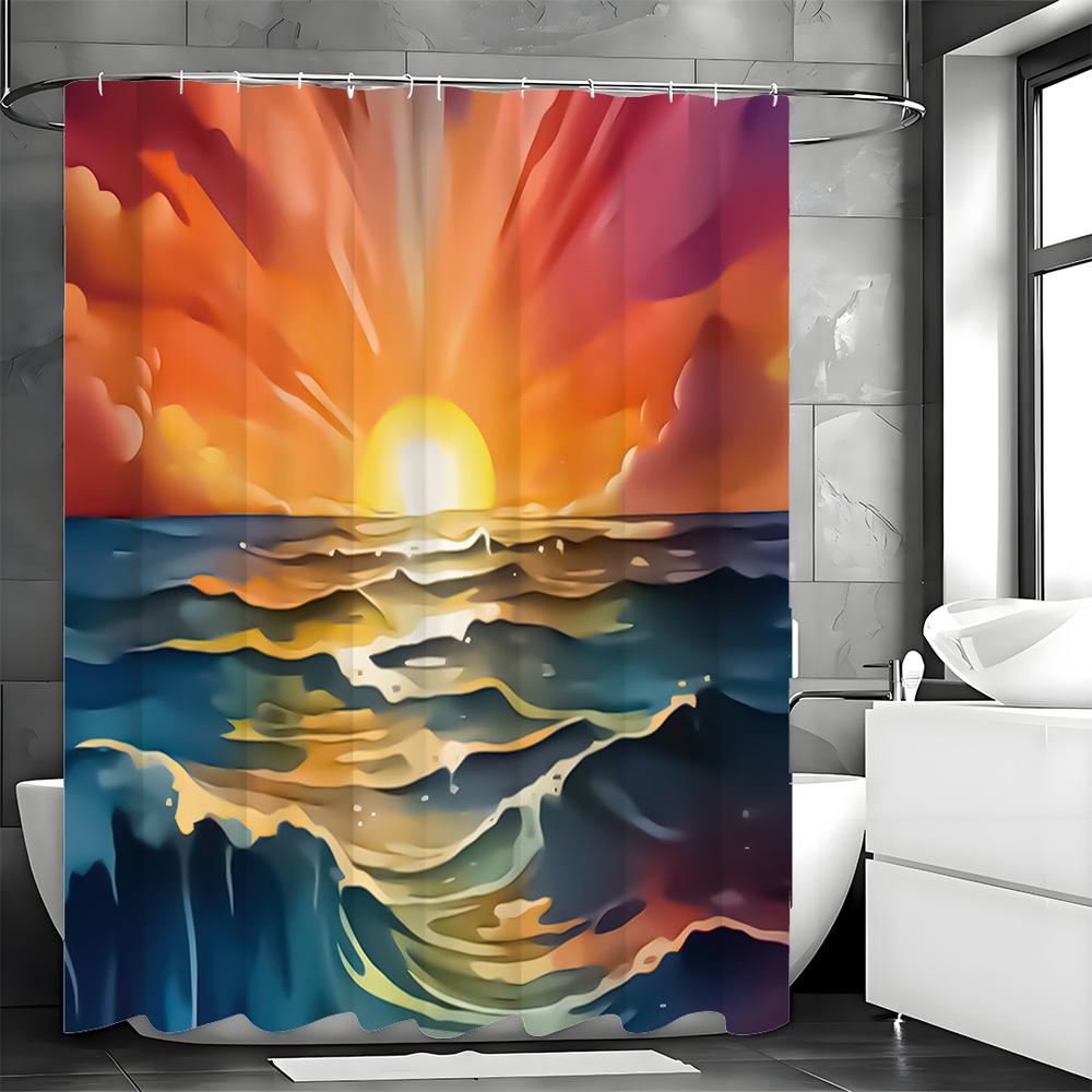 Hand-Drawn Ocean Sunset Shower Curtain Washable Dirt-Resistant Shower Head Waterproof Polyester Bath Curtain For Home Decor