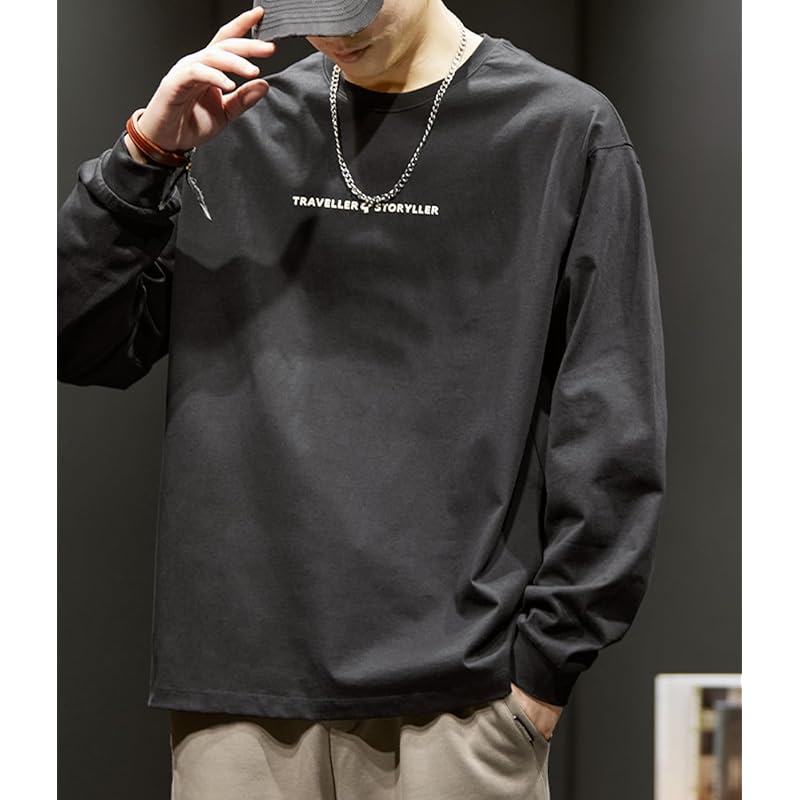 [EASTEMPO] t-shirt men's spring long sleeve Fashionable cotton Plain color casual Relaxing large size (JP, alphabet, XL, black)