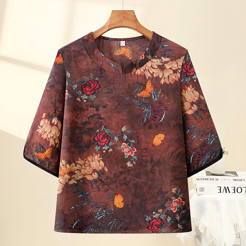 

Elegant Chinese-Style Summer Top for Middle-Aged Mothers - Casual 3/4 Sleeve Shirt, 2026 Women s Wear 2XL (105-120 Jin) фіолетовий
