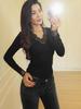 Pure Desire V-neck Lace Trim Long-sleeve Slimming Top for Women - Spring/Autumn Trendy Style