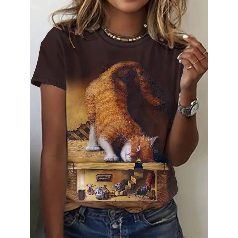 Summer Round Neck 3D Funny Cartoon Animal Print Top Fashionable Casual Short Sleeved Women's T-shirts
