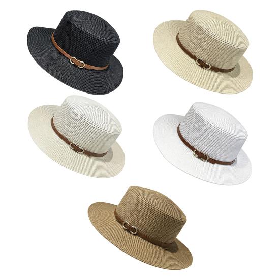 Panama Hat Women Men Faux Leather Buckle Straw Sun Hat French Style Flat-Top Style Wide Brim UV Protection Beach Hat