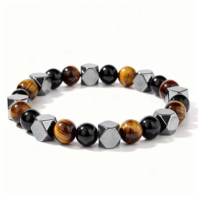 0.31 Inch Natural Stone Beaded Bracelet for Men, Tiger Eye Hematite Punk Protective Bracelet