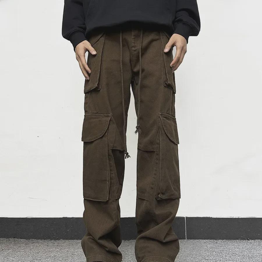 

Maillard Brown Многокарманный прямой комбинезон - унисекс американские ретро повседневные брюки на шнурке M темно-коричневого