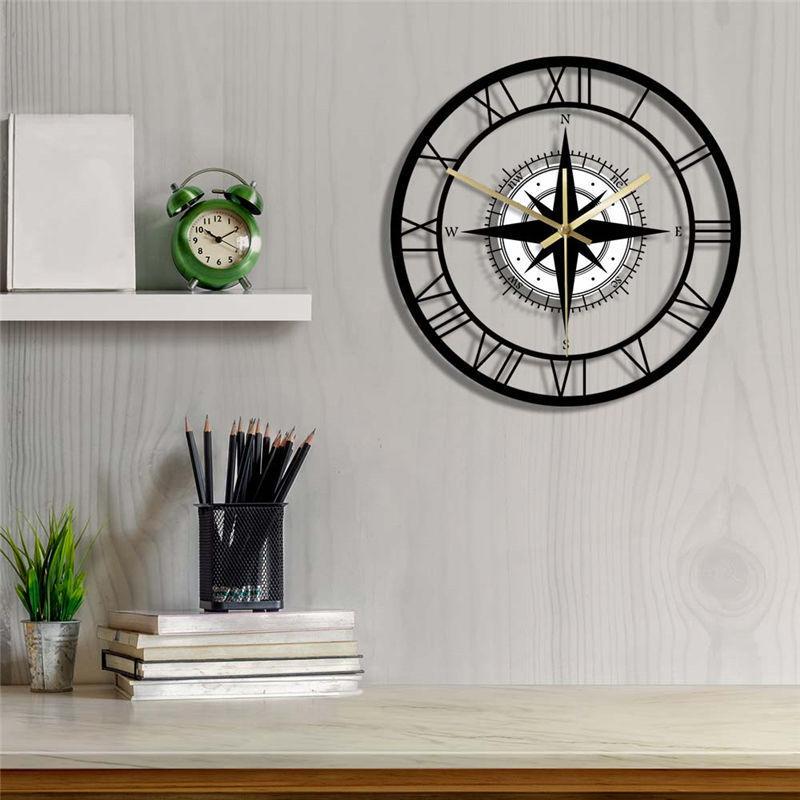 LED Hollow Wall Clock Black Compass Directional Chart Navigation Acrylic Decorative Wall Hanging Clock Watch Home Decoration