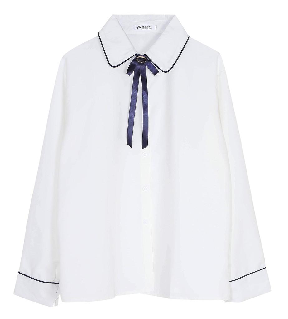 [PureAribon] Plus Size Office Lady Holiday Collection Blouse, TOKYO GOODS MARKET (White/Blue Ribbon, 4XL)
