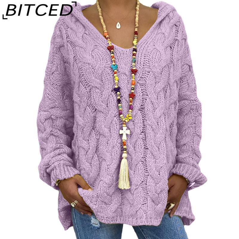 BITCED Fall/Winter Solid Color Cable-Knit Hoodie Sweatshirt for Women