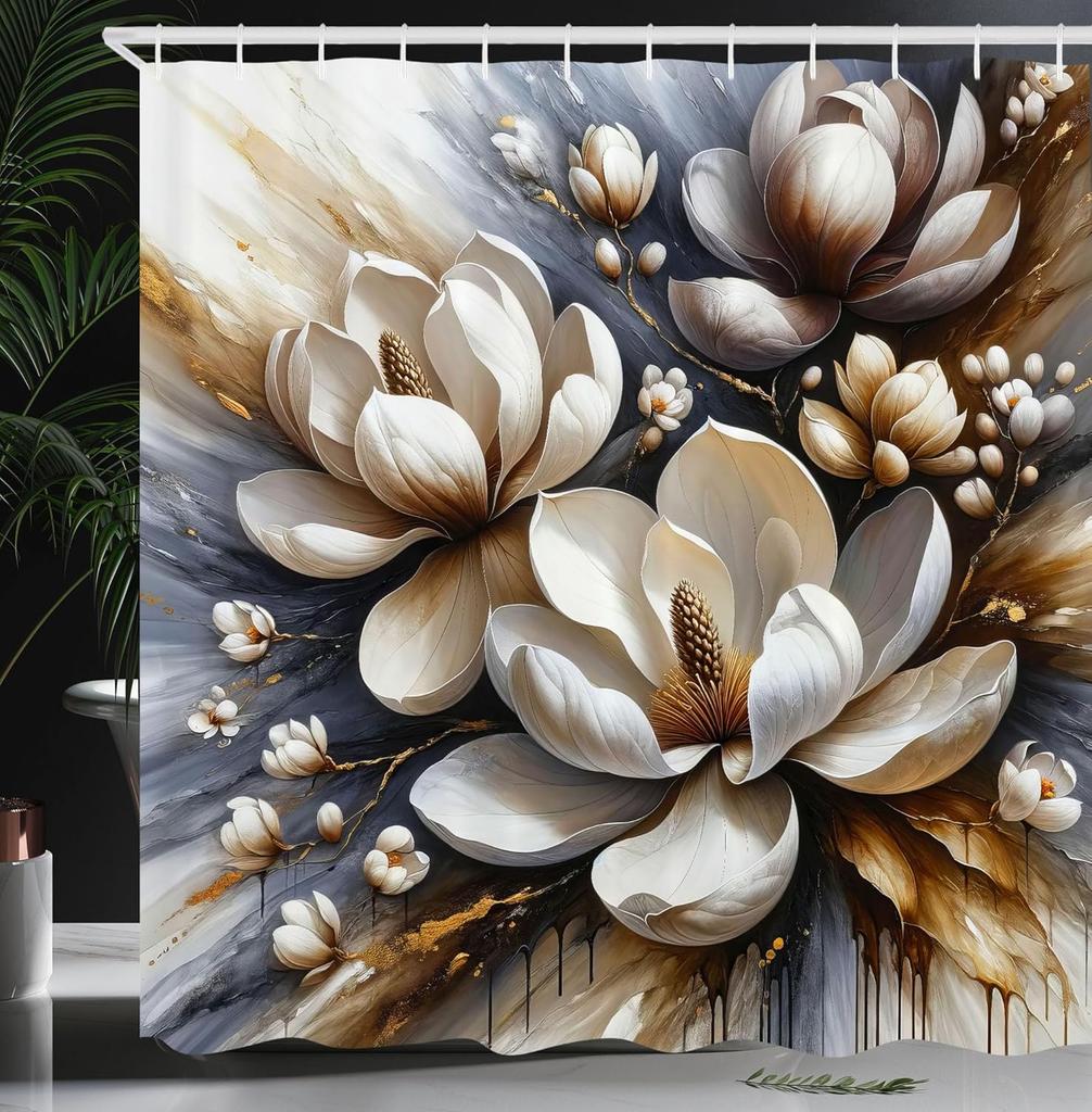 Aesthetic Boho Shower Curtain, Bold Exotic Leaves In Warm Tones, Rustic Burnt Orange Teal Blue, Fabric Set With Hooks