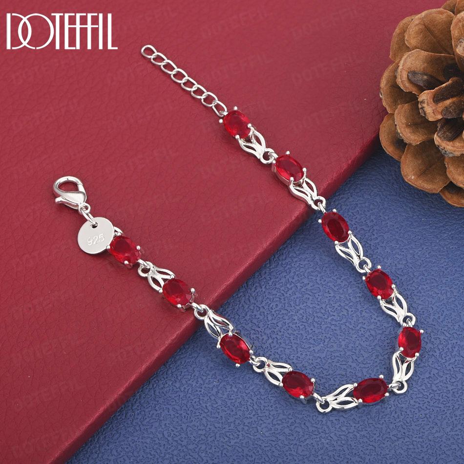 925 Sterling Silver Wedding Jewelry Gift Red AAA Zircon Bracelet