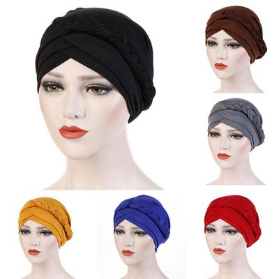 Women Solid Plait India Hat Muslim Ruffle  Chemo  Turban Wrap Cap