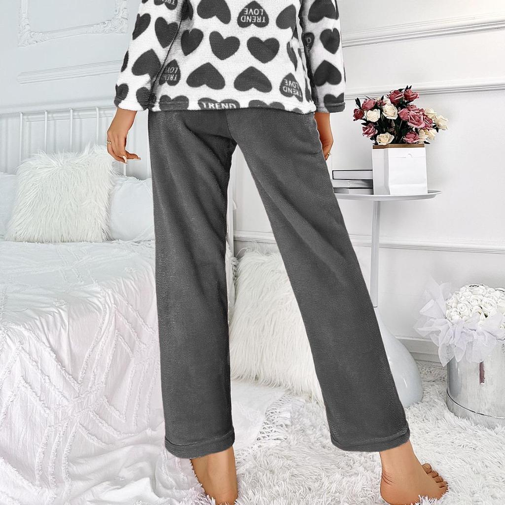 Autumn Winter Pink Heart Pajamas Set for Women Warm Thicken Pajamas Long Sleepwear Girl Rest Suits Coral Fleece Homewear Clothes