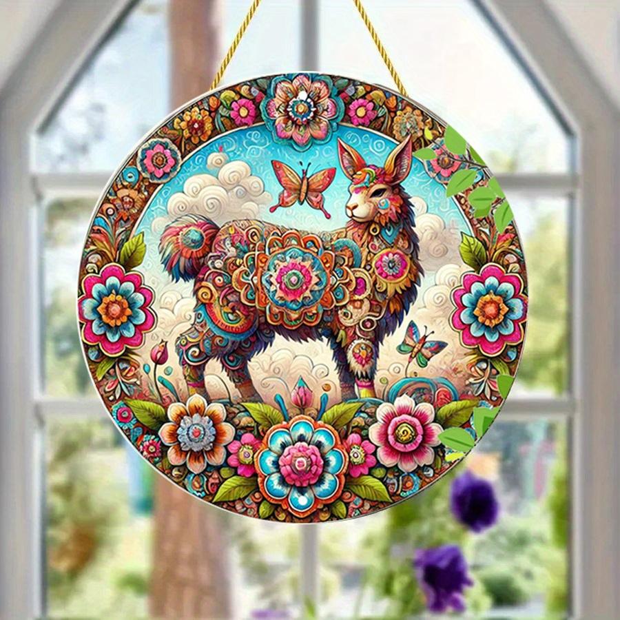 2D Flat 20*20cm1pc Bright-coloured Camels&butterfly&flowers Welcome Door Sign Decor, Vibrant Floral and Animal Design Round Wooden Ornament Perfect