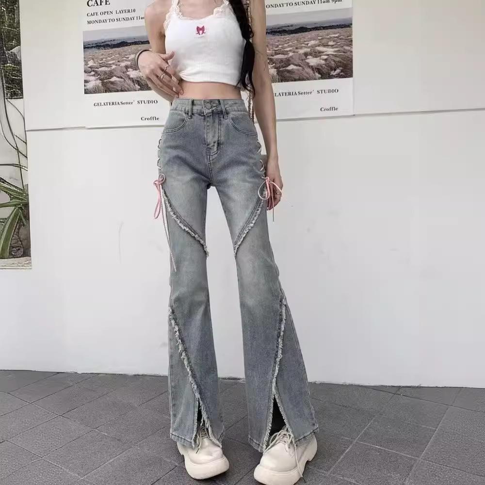2023 Women's Retro Hot Girl Irregular Slit Micro-Flared Jeans for Spring/Summer