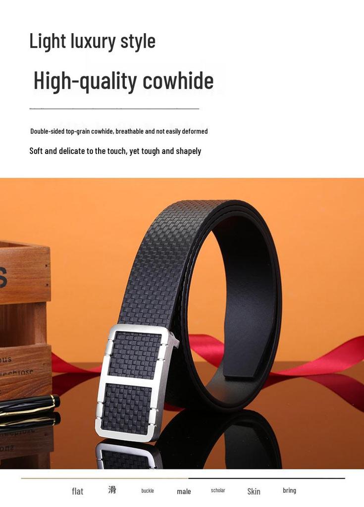 Men's Plaid Genuine Leather Belt, Pure Cowhide with Steel Smooth Buckle – Youth Business Casual Style