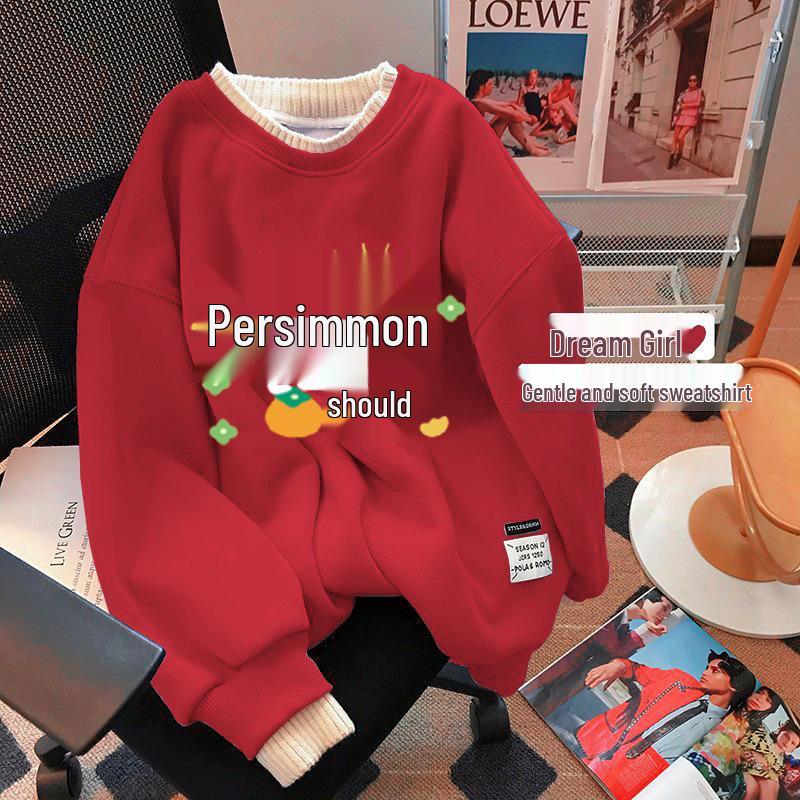 Women's Plus Size Red Round Neck Sweatshirt, Fleece-lined, Winter Layered Look, New Year Style