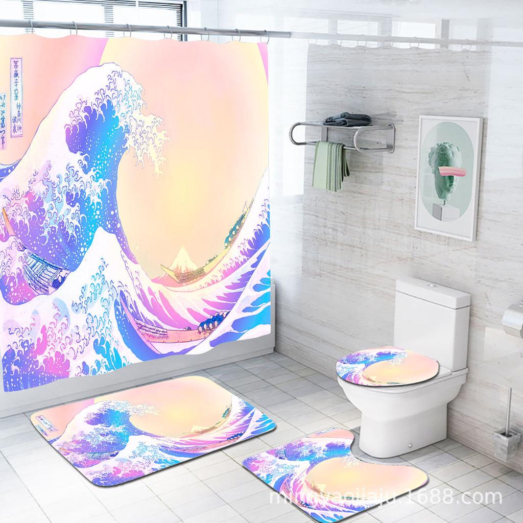Direct Supply Digital Printing Shower Curtain Bathroom Partition Curtain Bathroom Floor Mat Four-Piece Set Three-Piece Set