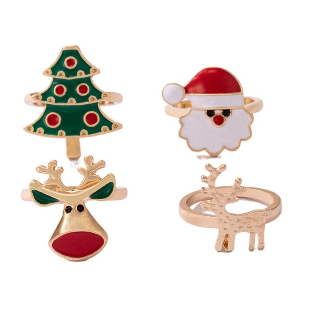 Christmas Tree Enamel Santa Claus Ring Dripping Oil Xmas Jewelry Ornaments Christmas Ring Set  Gift