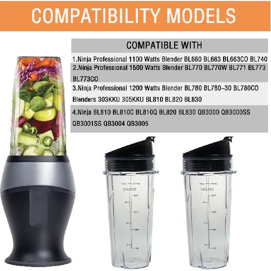 16oz Replacement Cups for Ninja QB3001SS Fit Compact Personal Blender, Single Serve 16-Ounce Cup Set for Ninja BL770 BL780 BL660 Professional