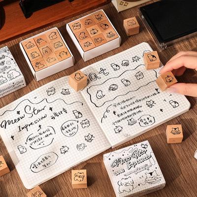 9 st/set Mini Kawaii Trästämplar för Studenter Barn Rolig Söt Djurstämpel för DIY Dekor Scrapbook Journal Skolmaterial