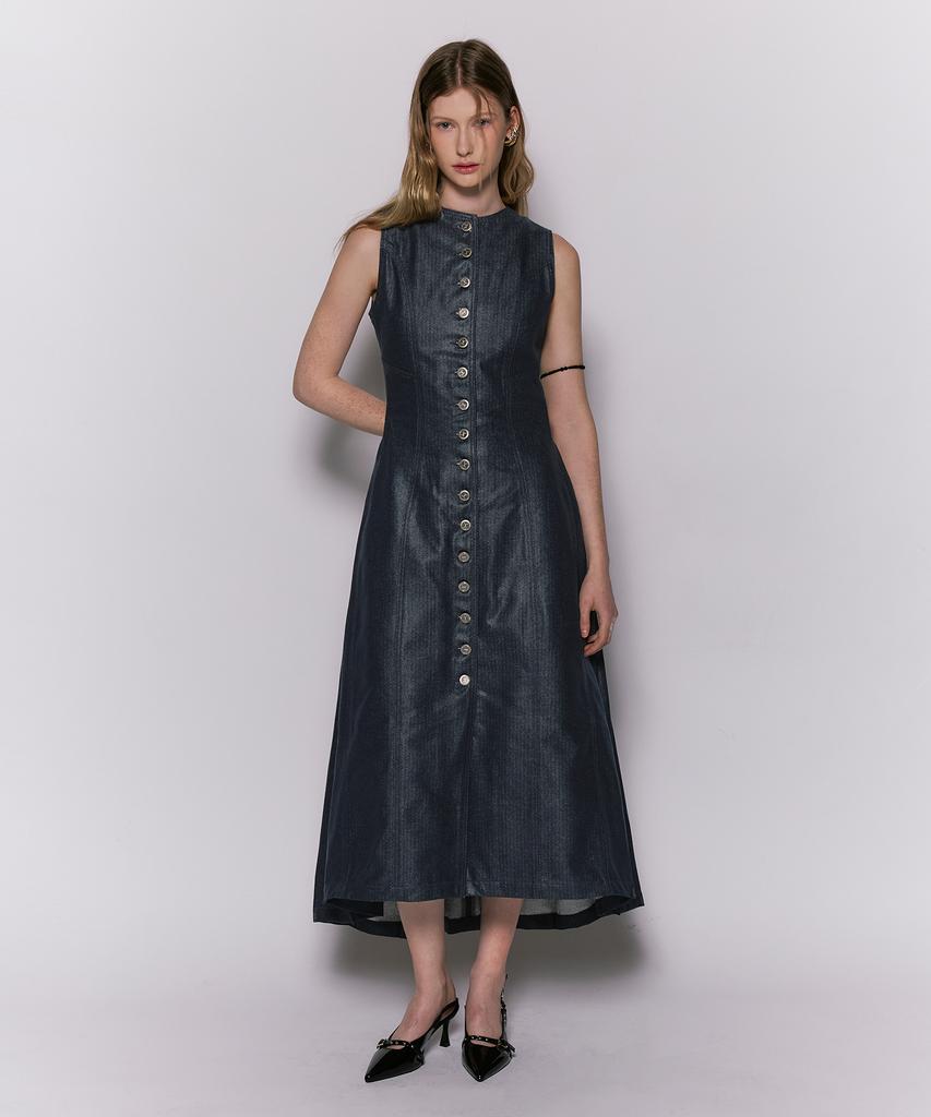 Weseullihyuseuteon Herringbone Glow Denim Long Tuck Dress Indigo