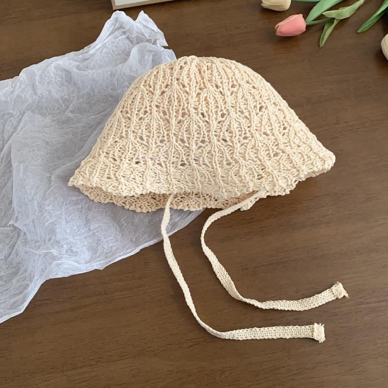 Hollow Knitted Lace-up Fisherman's Hat Children Spring and Summer Sunshade Sunscreen Hat Breathable Face Small Bucket Hat