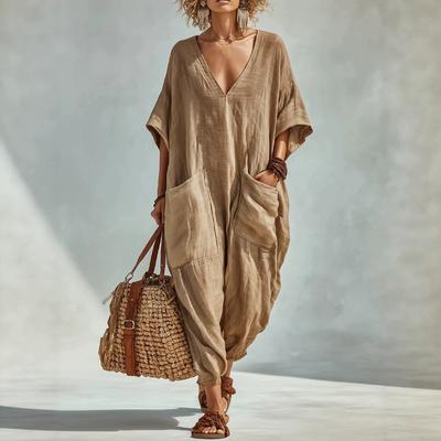 Dames V-hals Korte Mouw Diep Uitgesneden Jumpsuit Casual Wijde Pijpen Losse Pasvorm Ruim Rompertje Met Grote Zijzakken Effen Kleur Zomer Overalls