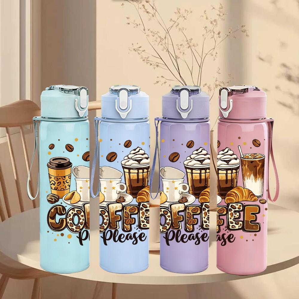 1PC Coffee Lover Coffee Cup Art Print 750ml Color Plastic Sports Water Bottle Leakproof Flip Straw Lid Suitable for Sports Office Home Use