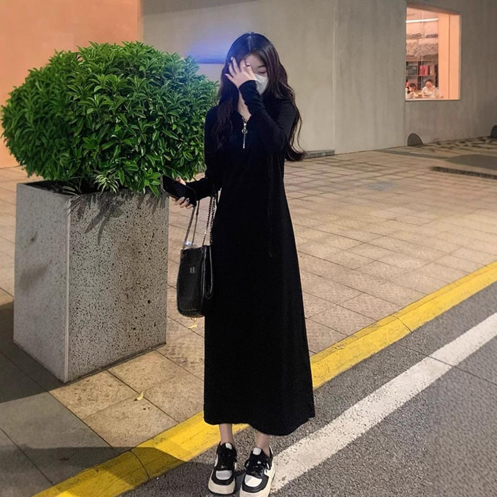 Bottom Hooded Long-sleeved Threaded Solid Color Dress Autumn and Winter High-end Temperament Waist and Thin Sweater Long Skirt