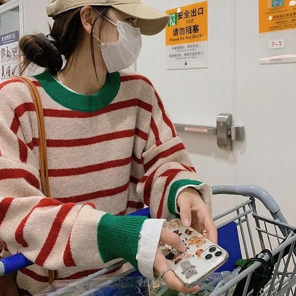 Japanese Style Striped Sweaters Women Autumn and Winte Large Size Loose All-match Knitting Pullovers