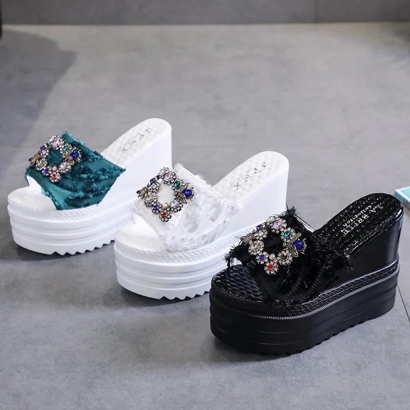 Maogu Beach Slides Sandals Woman Summer 2024 Women's Flip Flops Crystal Platform Wedge Slippers Women Ladies Shoes High Heels 39