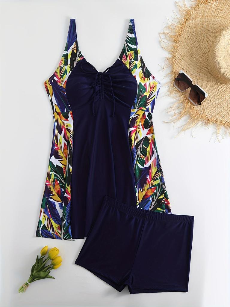 2025 Plus Size European Print Bikini with Tummy Control and Split Skirt Style