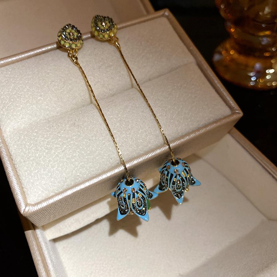 Silver Needle Oil Drop Diamond Water Drop Flower Tassel Earrings Bohemian Ethnic Style Stud Earrings Fashion Premium Earrings