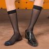 Mens Nylon Sheer Thin Suit Socks Business Dress Socks Blue Striped See Through Formal Dress Over the Calf Stockings