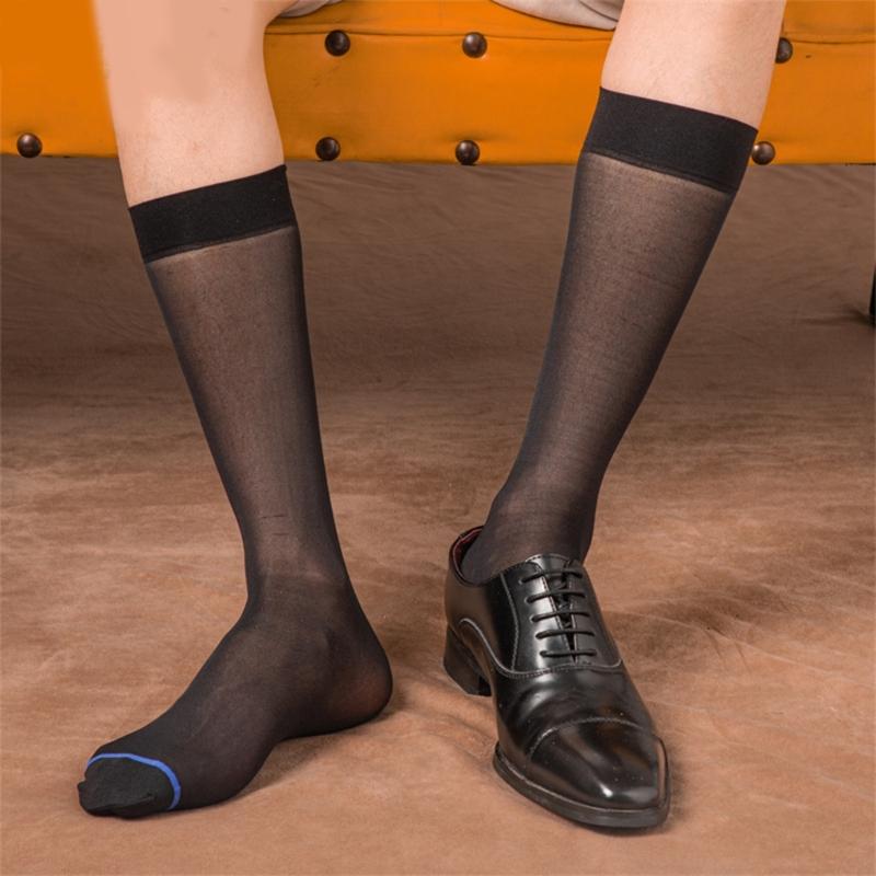 Mens Nylon Sheer Thin Suit Socks Business Dress Socks Blue Striped See Through Formal Dress Over the Calf Stockings