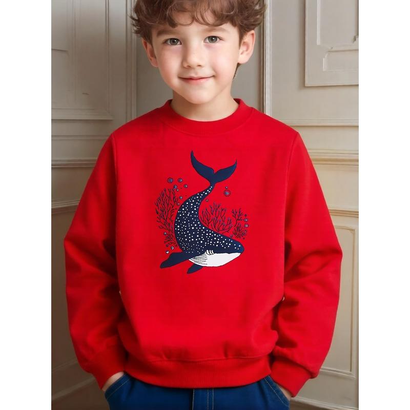 Cute Childlike Whale Printed Crew Neck Sweatshirt for Kids Daily Leisure School And Outdoor Activities