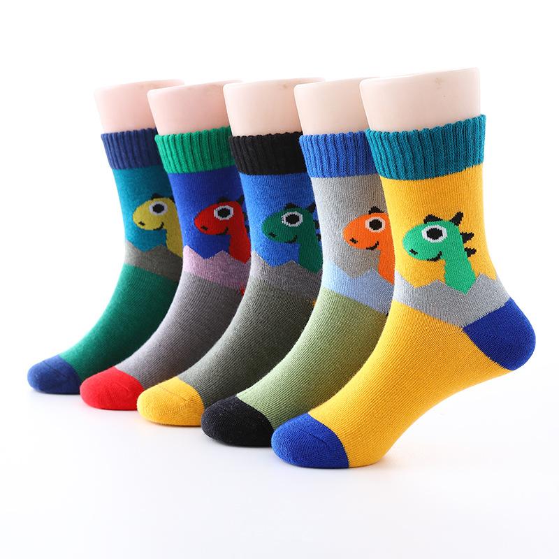 5 Pairs Kids Cotton Cartoon Dinosaur Socks Spring Autumn Boys Girls Age 3-15 Years Old Comfortable Crew Socks