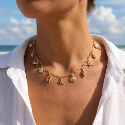 Fish Starfish Shell Conch Tassel Pendant Necklace for Women Metal Ocean Series Turtle Coral Necklace Beach Choker Jewelry