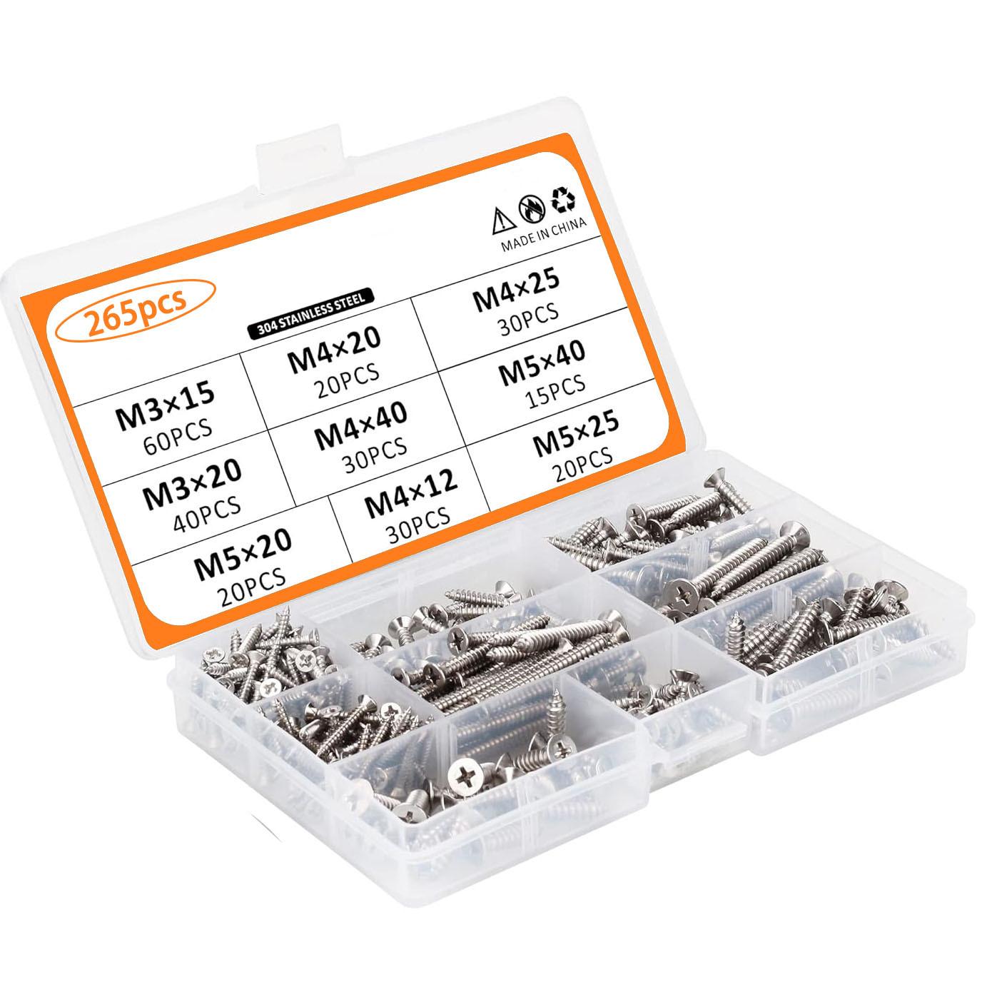

Набор самонарезающих винтов с крестообразным потайным шлицем 265 шт. Нержавеющая сталь 304 Винты с плоской головкой и крестообразным шлицем Самонарезающие винты GB846 265pcs