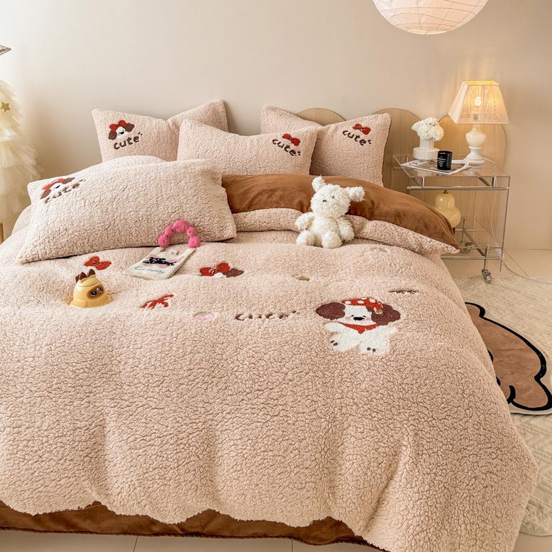 

Winter A-class Lamb Plush Cute Rabbit Plush Embroidered Four Piece Set Thick Warm Duvet Cover Double-sided Plush Bedroom Bedding Queen 4pcS